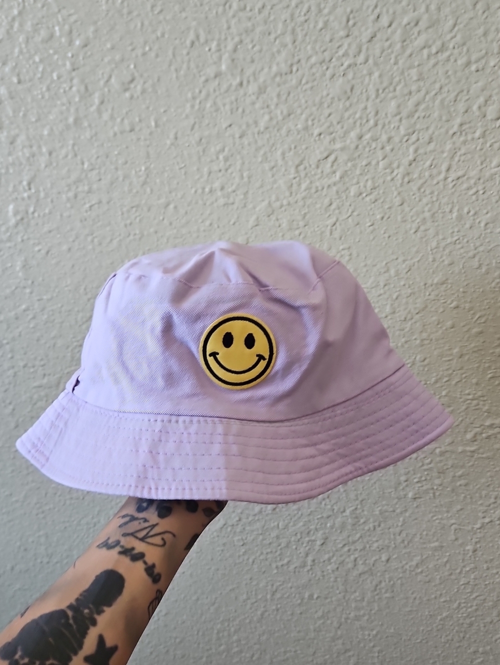 Lavender Bucket Hat with Yellow Smiley Patch